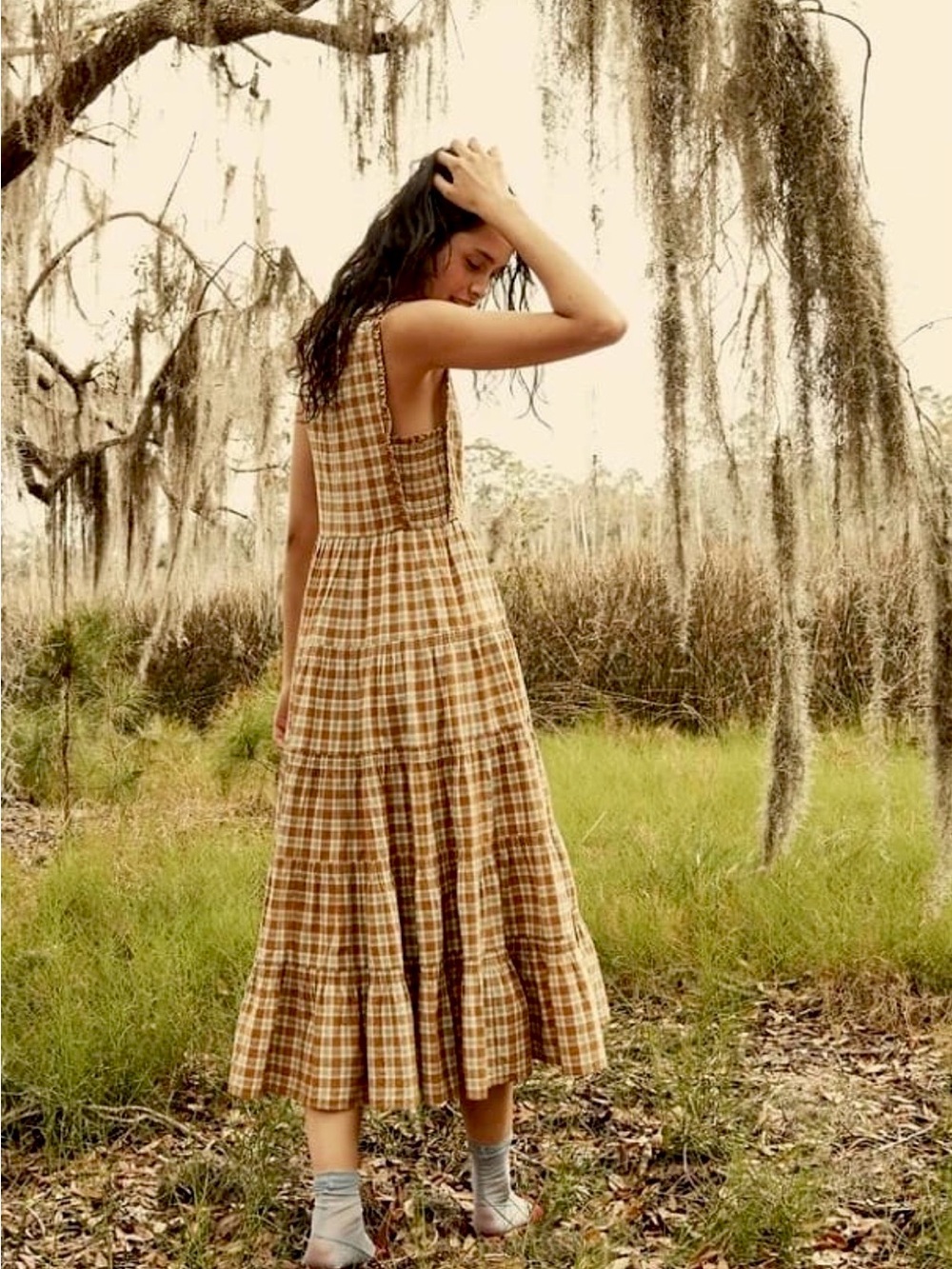 Doen Raven Plaid Maxi Dress in Tan and Light Blue